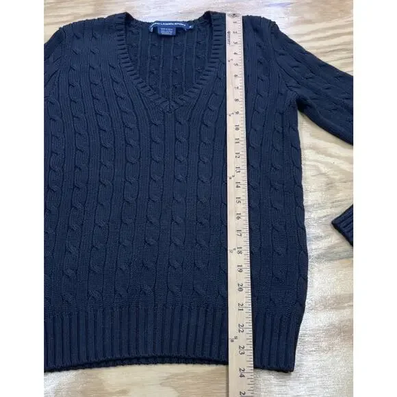 Polo Ralph Lauren Sport Cable Knit Sweater V Neck Women’s Medium Black Preppy - Picture 7 of 8